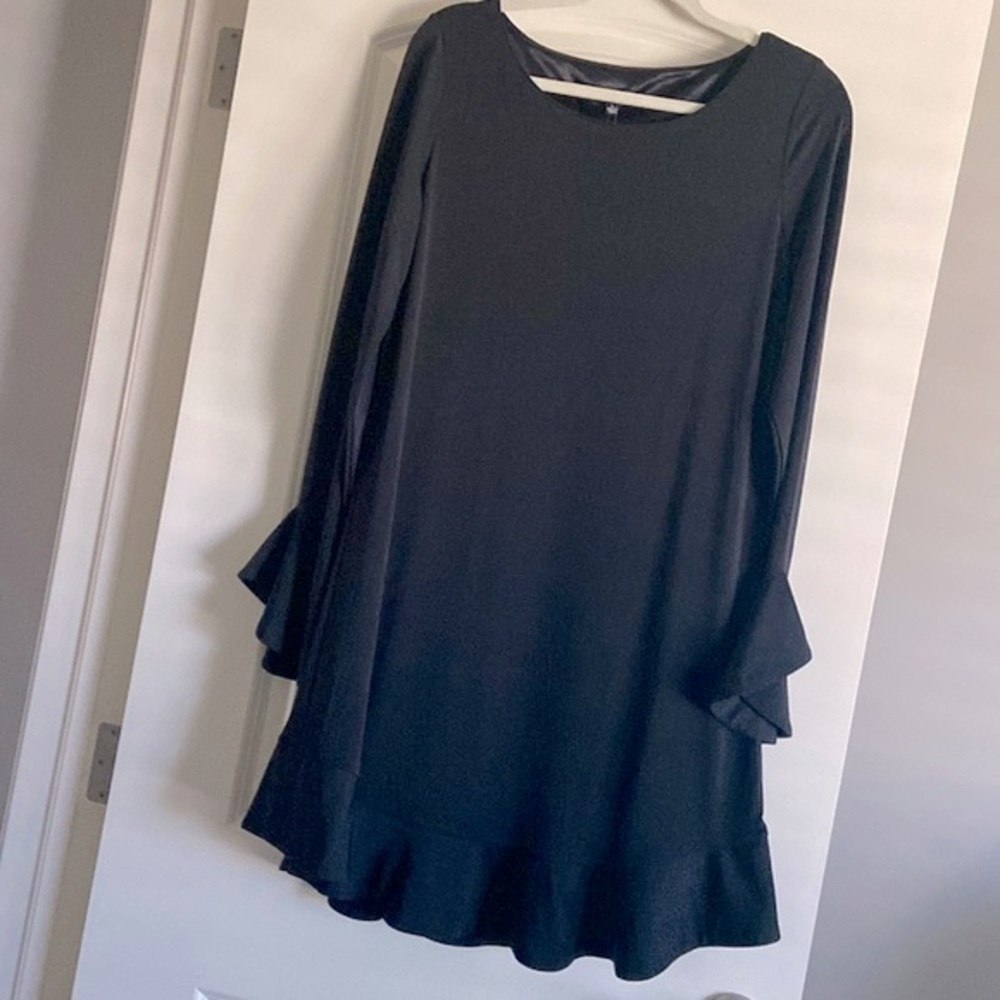 Premise long sleeve flutter sleeve black A-line dress.
